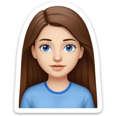 A pretty white girl with long brown hair dark eyebrows and braces and blue eyes wearing a white shirt sticker