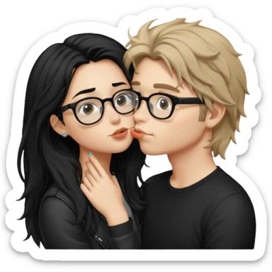  garçon avec les cheveux brun très clair ébouriffés, qui embrasse une fille avec les cheveux noir long qui a des traits d’eye-liner, des lunettes noir et un piercing au nez sticker