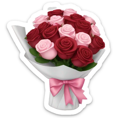 Burgundy bouquet of roses wrapped in white wrapping paper with pink bow sticker