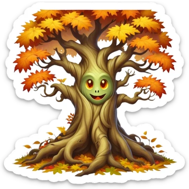 Create a mystical forest monster with the ancient wisdom of a sentient tree whose twisted trunk supports a crown of vibrant autumn foliage surrounding a cheerful, sun-like face that blooms with seasonal energy.


 sticker
