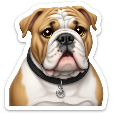 An English bulldog with a black collar sticker