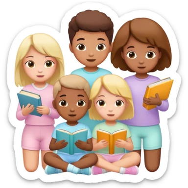 children in pastel clothes play with book sticker