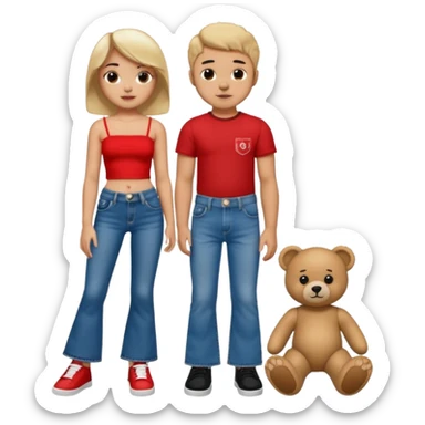 A boy and a girl teddy bear for the boy bear put on true religion shirt and jeans with black shoes and for the girl put flare jeans and a red tube top and white shoes just bears not the humans  sticker