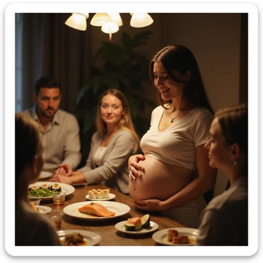 realistic pregnant woman in 4K at a dinner with friends, everyone eating sushi except her, smiling and holding a hand on her belly, plate of salmon left untouched in front of her sticker