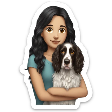 hyperrealist caucasian girl black long hair with brown english setter dog sticker