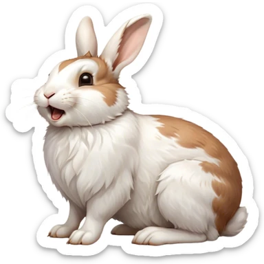 Cinematic Cute Yawning White and Brown Rabbit Portrait Emoji, Head tilted slightly with a dramatic, wide-open yawn, showcasing a soft, patterned fur with crisp white and warm brown patches, floppy ears slightly drooping, round eyes barely open in drowsy contentment, Simplified yet irresistibly adorable features, highly detailed, glowing with a soft, cozy glow, high shine, relaxed yet expressive, stylized with a touch of whimsy, bright and endearing, soft glowing outline, capturing the essence of a sleepy yet affectionate bunny, so drowsy it feels like it could stretch out of the screen and curl up for a nap! sticker