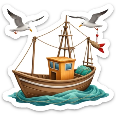 Design a small fishing boat with nets & seagulls around it. sticker