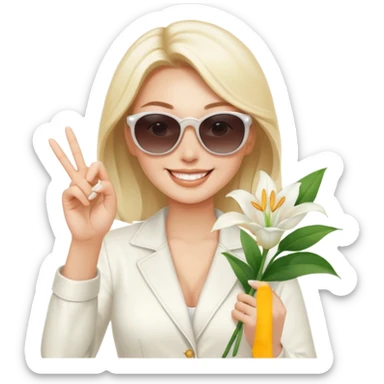 Professional sexy woman smiling holding lilies posing in shades  and flashing peace sign fingers sticker