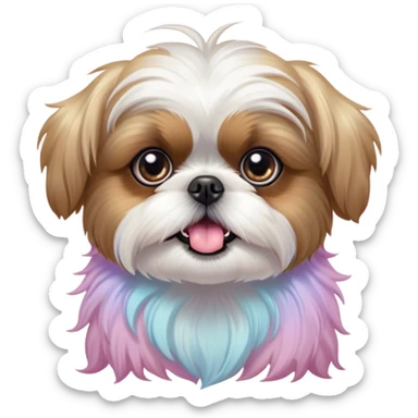 Cinematic Comical Shih Tzu Portrait Emoji, Head cocked with a hilariously exaggerated, shocked expression and twinkling, comically wide eyes, showcasing a fluffy, luxurious fur in soft pastel tones, simplified yet whimsically detailed, glowing with a playful, sassy radiance, high shine, exuding a humorous and cheeky charm, styled with a soft glowing outline, capturing the essence of a Shih Tzu that looks as if it could burst into a fit of playful antics at any moment! sticker