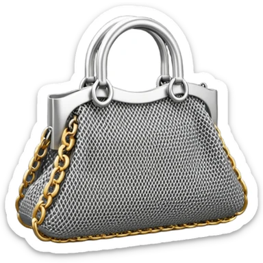3D render of Mesh Purse, made of interlocking chainmail metal rings, wire mesh texture, visible holes and negative space, metallic silver and grey, high contrast shadows, Apple emoji style, isolated on white background --v 6.0. sticker