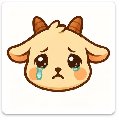 Create a chibi goat head only with a sad expression, shining teary eyes, and slight blush. Match the simple, clean style and crop of the previous joyful goat head emoji. Use a white background. Designed for a small emote. sticker