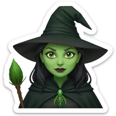elphaba wicked witch with broom close up, evil dark coily long dark hair, green skin, thick green lips, cheekbones, smirk evil menacing cythia erivo dark aesthetic black hat cloak o sticker