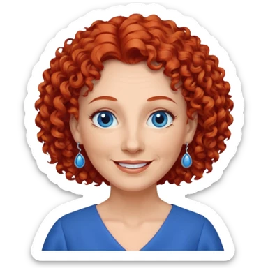 una profesora mayor simpática con el pelo rojo rizado, ojos azules, vestido azul y pendientes azules hablando sticker