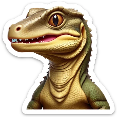 Cinematic Comical Komodo Dragon Lizard Portrait Emoji, Head tilted dramatically with an exaggeratedly shocked expression, featuring a robust, scaled body with wide, comically expressive eyes full of humorous disbelief, Simplified yet hilariously expressive features, highly detailed, glowing with a slightly sassy glow, high shine, dramatic yet playful, stylized with an air of quirky exotic attitude, soft glowing outline, capturing the essence of a meme-worthy Komodo dragon that looks ready to side-eye its way into viral fame! sticker