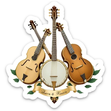 Create an intricate, festive, and emblematic emoji symbolizing plucked string instruments. The design should resemble a regal crest, featuring instruments like a banjo, mandolin, domra, sitar, and other plucked strings, arranged symmetrically in an ornate composition. Their necks and strings should elegantly intertwine with a flowing ribbon of musical notes, wrapping gracefully around the instruments. The overall shape should be grand and balanced, evoking a sense of tradition and celebration. Use a rich and refined color palette with gold, deep mahogany, and vibrant accents, adding intricate wood textures, decorative inlays, and metallic tuning pegs for a professional, polished look. The background should be transparent, making the emblem stand out as an independent artistic mark sticker