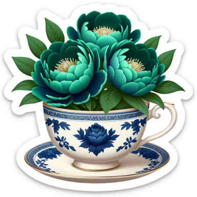 A charming composition of a vintage teacup with an intricate emerald green design, placed beside a bouquet of navy blue peonies. sticker