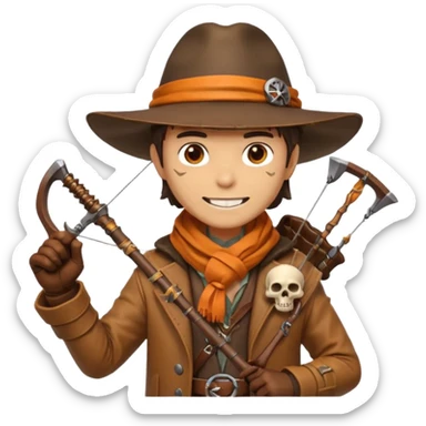 male human monster hunter emoji, wearing brown leather coat and wide hat, holding crossbow, with amulet shaped like skull, Halloween fantasy theme, confident smile, orange scarf, Apple emoji style, clean white background, square image sticker