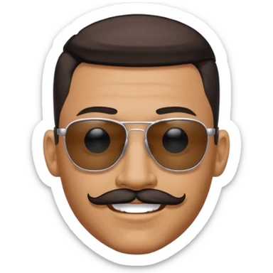 A tan skinned guy with a mustache and goatee wearing sunglasses looking serious but also smiling with his hair shiny and slicked back, with a tear drop black tattoo on the side of his eye sticker