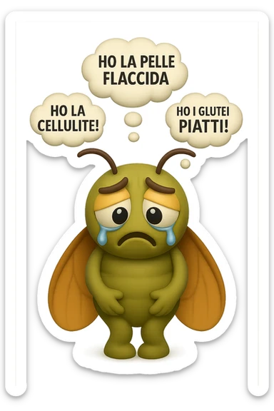 EMOJI STILE IPHONE 3D DI una cicala triste che si tocca le cosce e piange perché non le piace il suo fisico, posa frontale, fagli anche la parte bianca degli occhi, non solo la pupilla, sulla testa della cicala aleggiano i pensieri "HO LA PELLE FLACCIDA", "HO LA CELLULITE!", "HO I GLUTEI PIATTI!" sticker