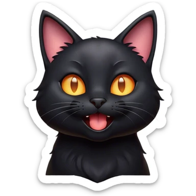 Cinematic Cute Black Cat Portrait Emoji, Head tilted playfully and yawning, sleek black fur with subtle hints of dark gray, Simplified yet adorable features, highly detailed, glowing with a warm, friendly glow, high shine, curious and affectionate, stylized with a touch of whimsy, bright and alert, soft glowing outline, capturing the essence of a mischievous yet loving kitten, so endearing it feels like it could leap out of the screen and stretch! sticker