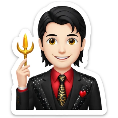 Lucifer from Christian Mythology with long black hair, black sequin suit jacket and tie, red shirt sticker