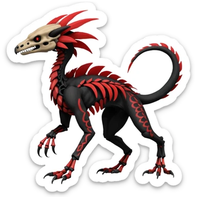 Rare realistic dark edgy evil tribal patterned red-feathered skeletal badass epic handsome gorgeous aesthetic black-skulled Vernid-Trico-Sergal-Salandit-Nargacuga-species-Fakemon-creature by LiLaiRa, 4 legs, 1 tail, random markings, (full body) long ears sticker