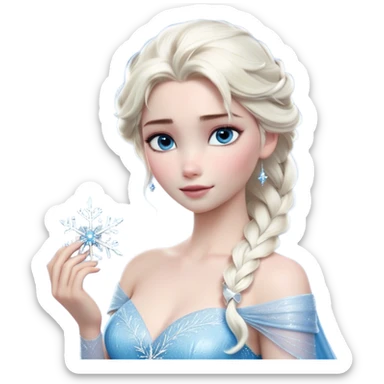 Cinematic Realistic Elsa Portrait, depicted with lifelike skin texture, soft natural lighting, and intricately detailed platinum blonde hair styled elegantly. Her striking, expressive blue eyes exude confidence and grace, complemented by a serene and regal expression. She holds a shimmering snowflake delicately in one hand, her other hand resting against her gown, embodying the power and beauty of winter. She is dressed in her signature icy attire, with shimmering fabric textures and delicate folds that catch the light beautifully. The portrait features a soft, enchanting glow with a cool, radiant finish, capturing the essence of timeless elegance in a realistic and painterly style. sticker