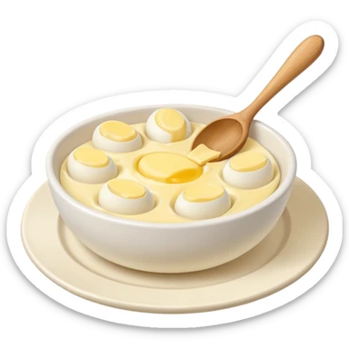 a dozen eggs, a ceramic mixing bowl with a wooden spoon and a plate of butter sticker