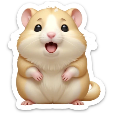 Cinematic Cute Yawning Cream Hamster Portrait Emoji, Head tilted slightly with a dramatic, wide-open yawn, showcasing a soft, pristine cream coat with tiny droopy ears, round dark eyes barely open in drowsy contentment, Simplified yet irresistibly adorable features, highly detailed, glowing with a soft, cozy glow, high shine, relaxed yet expressive, stylized with a touch of whimsy, bright and endearing, soft glowing outline, capturing the essence of a sleepy yet affectionate hamster, so drowsy it feels like it could stretch out of the screen and curl up for a nap! sticker