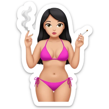 caucasian curvy girl smoking in pink bikini, long straight black hair, sfw pose sticker