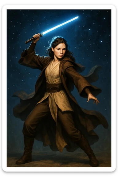 full body female Jedi holding a lightsaber high above her head in an action pose, flowing robes, starry background sticker
