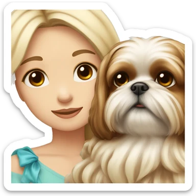 human girl with long wavy brown hair hugging a blonde colored shih tzu girl with bow sticker