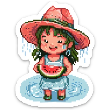 happy kid with a wide-brimmed hat enjoying watermelon, river sparkles, water droplets, pixel art, summer scene sticker
