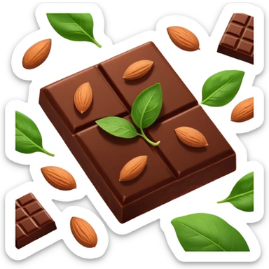 Relaxed body silhouette surrounded by floating food: several large, shiny dark chocolate squares prominently featured, along with spinach leaves, almonds, and seeds. Gentle light connecting these foods to muscles and nervous system, creating a calming effect throughout the body. sticker