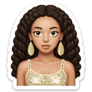Solange with long dark brown hair, ivory sequin crop top, ivory earring sticker