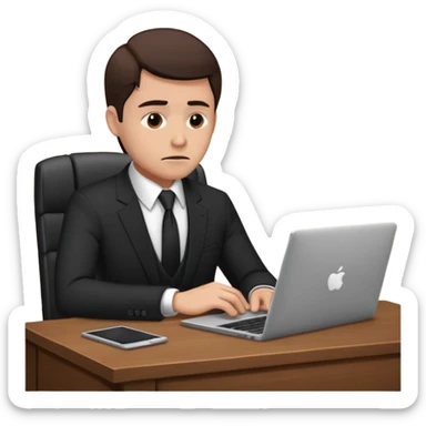 A man in corporate attire sitting at a desk, having fatigue while working on a laptop sticker