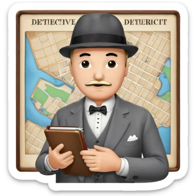 A cinematic-style frame showing Hercule Poirot in his iconic suit with a notebook in a dramatic detective pose. Background should be mysterious city, map, a board with photos of suspects, clues like fingerprints. Transparent background. sticker