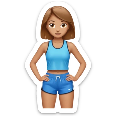 sporty and fit girl with light brown hair in shorts and with a beautiful face sticker