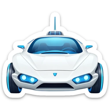 Futuristic retro hover white car with sharp angular design and glowing blue wheels, front view, flat vector style, minimal color palette with subtle blue highlights sticker