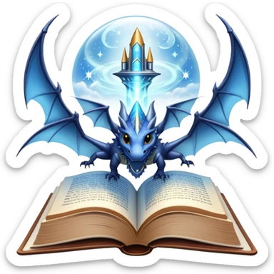 Icon for Fantasy and Sci-Fi Reading: an open book with magical creatures like dragons and fairies flying out, with a futuristic spaceship in the sky and a wizard casting spells. The icon should represent the magic and adventure of fantasy and science fiction worlds. Transparent background. sticker