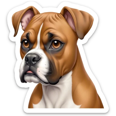Cinematic Noble Fawn Boxer dog Portrait Emoji, Poised and regal, with a strong, muscular build and a sleek, well-groomed fawn Fur accented by a white muzzle and chest, deep-set soulful brown eyes, Simplified yet sharp and sophisticated features, highly detailed, glowing with a soft, dignified glow, high shine, intelligent and loyal, stylized with an air of strength, focused and attentive, soft glowing outline, capturing the essence of a watchful and confident guardian, so majestic it feels as though it could step out of the screen with effortless authority! sticker