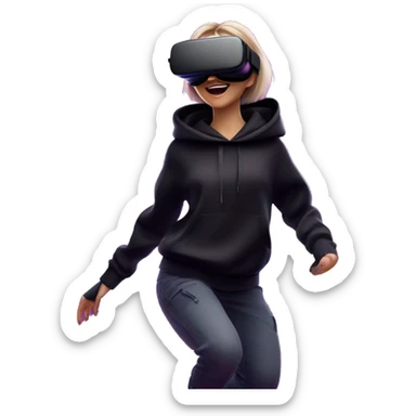 Russian girl wearing black hoody with violet letters "OMG", in vr headset oculus quest2. jumping. Cyberpunk style. Violet neon. sticker