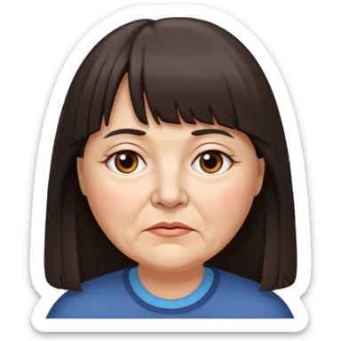 60 yr old woman, long hair down back, very small brown eyes, long hair, straight dark brown hair, bangs, chubby, long face, very tired sticker