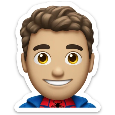 "Create an emoji-style Spider-Man with a round face, large white eyes, and a red and blue suit with a spider emblem. Keep the design simple and playful, with a minimal background." sticker
