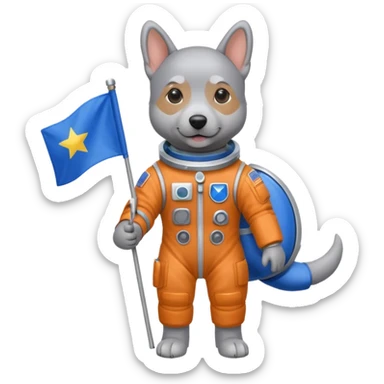 a gray dog in space suit, holding blue rectangle flag, full body, front view sticker