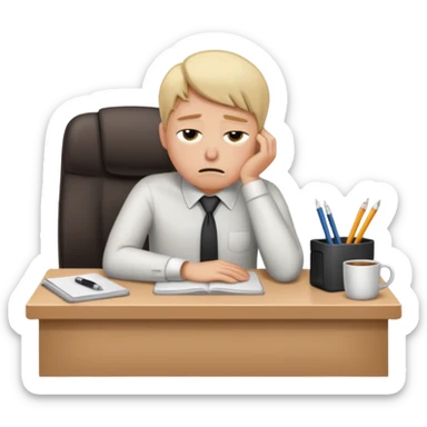 Professional person experiencing burnout, exhausted and overwhelmed, tired eyes, slumped posture, sitting at a desk, iOS emoji style sticker