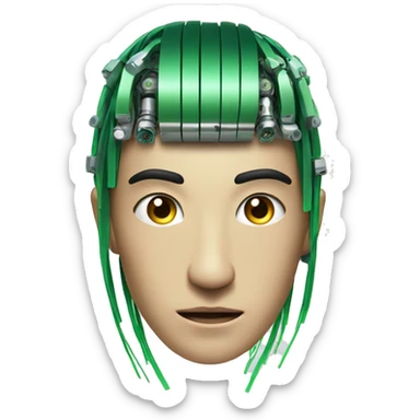 Head of Asian male cyborg with long green hair and circuits sticker