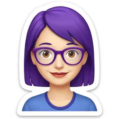 Cartoon 50-year-old youthful woman with purple glasses, brown eyes, and dark blue (not purple) hair to her shoulders. sticker