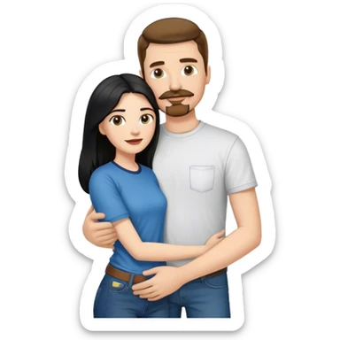 tall white man with brown hair goatee mustache wearing t-shirt and jeans hugging a shorter white woman with long black hair sticker