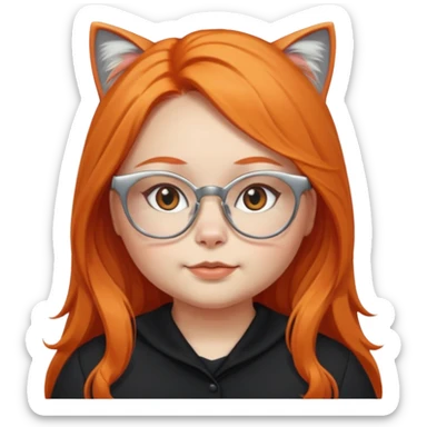 girl with chubby cheeks, very long orange hair, and silver cat-eye glasses. Black clothes. Without cat or cat ears sticker